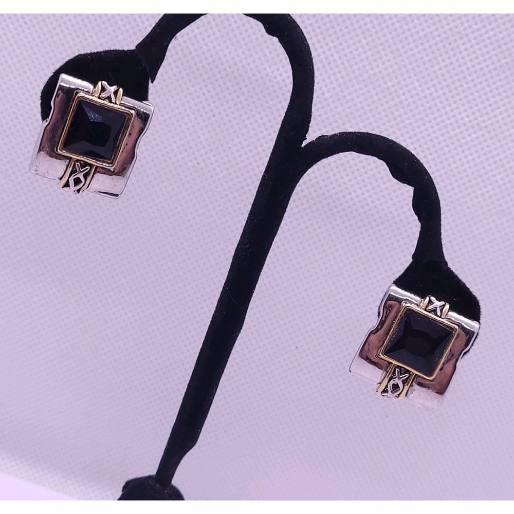 Vintage Black Square Stone Clip On Earrings Two Tone Geometric Modernist 19mm